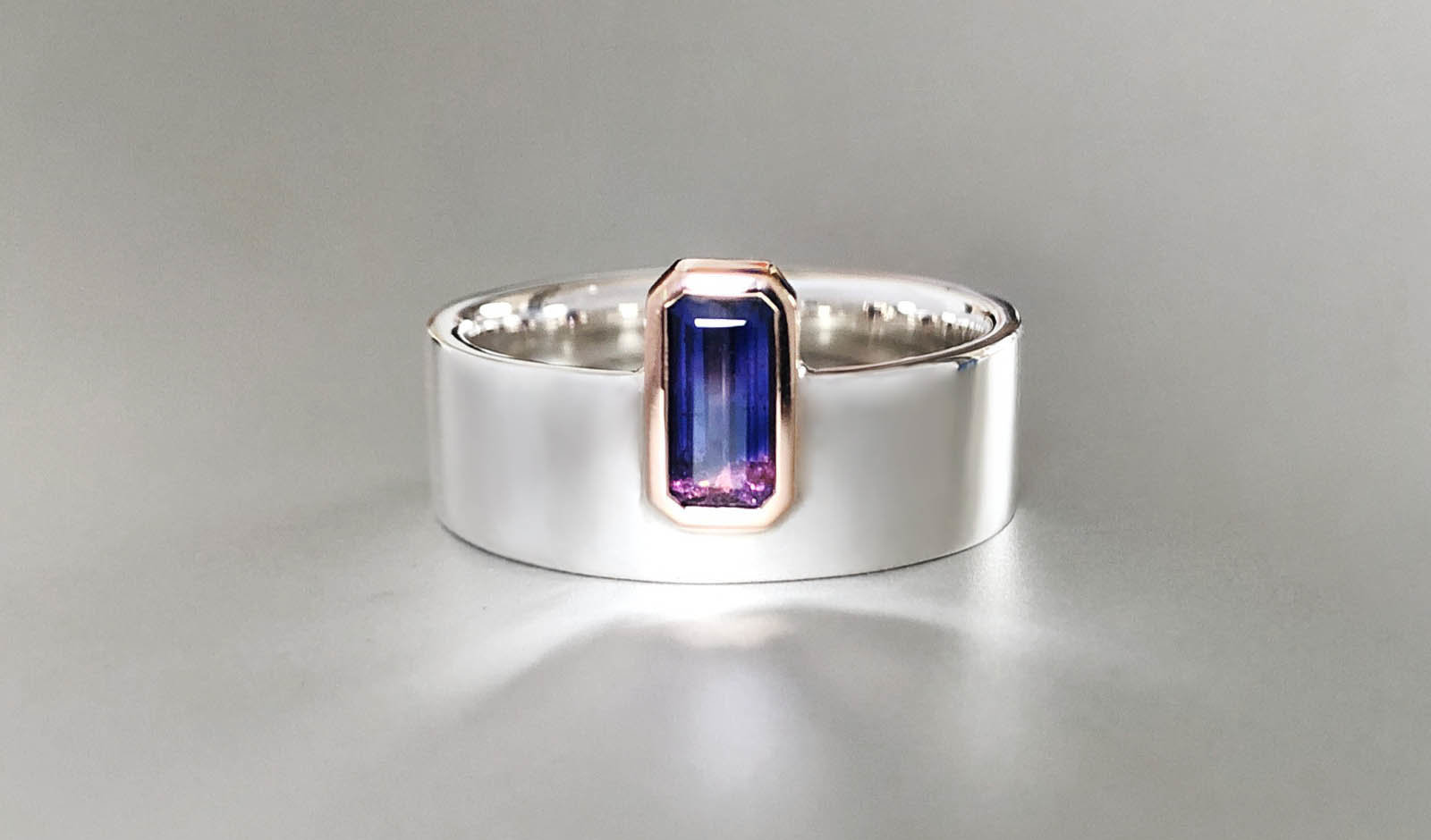 Tanzanian sapphire rose gold and AGPD ring_same-sex wedding and engagement jewellery, jewelry Dancing With Them