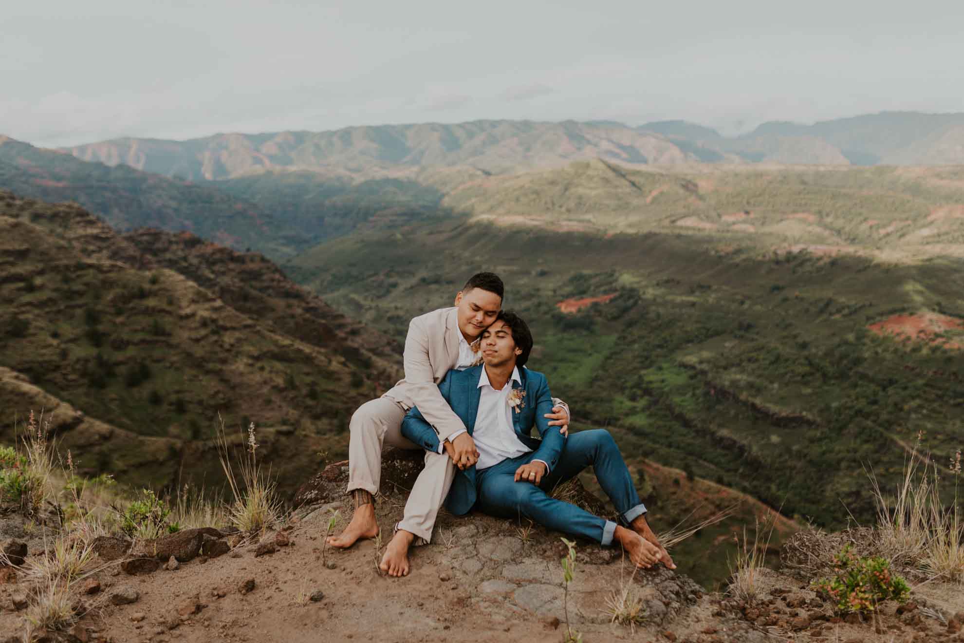 Two grooms cuddling at their elopement in California USA Brianna Parks Photography