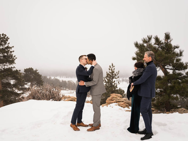 Rocky Mountain National Park, Colorado USA gay two grooms snow elopement wedding with Brazilian traditions captured by The Drawhorns Photography