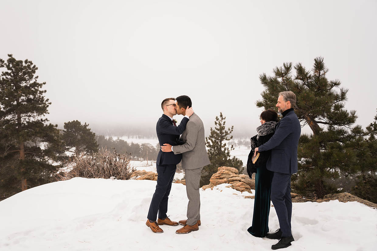 Rocky Mountain National Park, Colorado USA gay two grooms snow elopement wedding with Brazilian traditions captured by The Drawhorns Photography