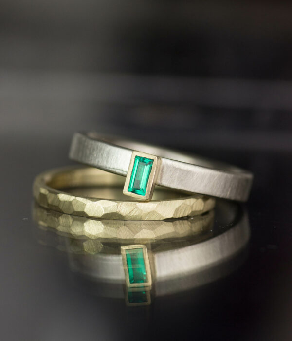Lolide Seattle USA is a lesbian, gay, queer LGBTQIA+ wedding and engagement jeweler crafting this emerald baguette ring